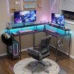 Eivanet 53inch L Shaped Desk,L Shaped Gaming Desk with Power Outlets & LED Lights, Computer Desk with Monitor Stand & Storage Bag, Home Office Desk Corner Desk with Hooks, Easy to Assemble, Black
