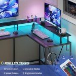 Eivanet 53inch L Shaped Desk,L Shaped Gaming Desk with Power Outlets & LED Lights, Computer Desk with Monitor Stand & Storage Bag, Home Office Desk Corner Desk with Hooks, Easy to Assemble, Black