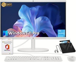 HP Essential All-in-One Desktop PC - External CD/DVD Drive, 21.5" FHD Display, Intel Celeron CPU, Intel UHD Graphics, 32GB RAM, 1TB SSD, True Vision Camera, WiFi 6, Win 11 Pro, Lifetime MS Office