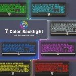 KOPJIPPOM Large Print Backlit Computer Keyboard, USB Full Size Wired Keyboards with 7-Colors Backlight, Wrist Rest, Light Up Keyboard for Windows, PC, Laptop - Easy to See, Easy to Setup