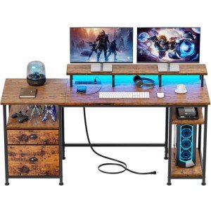 Furologee 61" Computer Desk with Power Outlet and LED Lights, Desk with Fabric File Cabinet Drawer, Large Reversible Table with Shelves and Monitor Stand, Writing Study Table for Home Office
