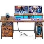 Furologee 61" Computer Desk with Power Outlet and LED Lights, Desk with Fabric File Cabinet Drawer, Large Reversible Table with Shelves and Monitor Stand, Writing Study Table for Home Office
