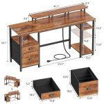 Furologee 61" Computer Desk with Power Outlet and LED Lights, Desk with Fabric File Cabinet Drawer, Large Reversible Table with Shelves and Monitor Stand, Writing Study Table for Home Office