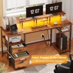 Furologee 61" Computer Desk with Power Outlet and LED Lights, Desk with Fabric File Cabinet Drawer, Large Reversible Table with Shelves and Monitor Stand, Writing Study Table for Home Office