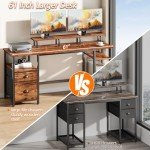 Furologee 61" Computer Desk with Power Outlet and LED Lights, Desk with Fabric File Cabinet Drawer, Large Reversible Table with Shelves and Monitor Stand, Writing Study Table for Home Office