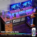Furologee 61" Computer Desk with Power Outlet and LED Lights, Desk with Fabric File Cabinet Drawer, Large Reversible Table with Shelves and Monitor Stand, Writing Study Table for Home Office
