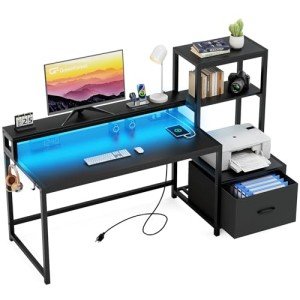 GreenForest Office Desk with Power Outlets and Printer Shelf, 59 inch Computer Desk with LED and Drawer, Reversible Gaming Desk with Storage for Home Study Working,Black