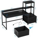 GreenForest Office Desk with Power Outlets and Printer Shelf, 59 inch Computer Desk with LED and Drawer, Reversible Gaming Desk with Storage for Home Study Working,Black