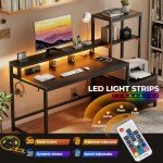 GreenForest Office Desk with Power Outlets and Printer Shelf, 59 inch Computer Desk with LED and Drawer, Reversible Gaming Desk with Storage for Home Study Working,Black