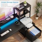 GreenForest Office Desk with Power Outlets and Printer Shelf, 59 inch Computer Desk with LED and Drawer, Reversible Gaming Desk with Storage for Home Study Working,Black
