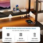 GreenForest Office Desk with Power Outlets and Printer Shelf, 59 inch Computer Desk with LED and Drawer, Reversible Gaming Desk with Storage for Home Study Working,Black