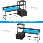 GreenForest Office Desk with Power Outlets and Printer Shelf, 59 inch Computer Desk with LED and Drawer, Reversible Gaming Desk with Storage for Home Study Working,Black