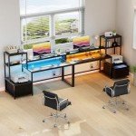 GreenForest Office Desk with Power Outlets and Printer Shelf, 59 inch Computer Desk with LED and Drawer, Reversible Gaming Desk with Storage for Home Study Working,Black