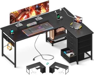 AODK L Shaped Gaming Desk with 4 Drawers, 53" Reversible Home Office Desks with Power Outlets, L Shaped Computer Desk with USB Charging Port and Host Stand, Corner Desk, Easy to Assemble, Black