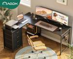 AODK L Shaped Gaming Desk with 4 Drawers, 53" Reversible Home Office Desks with Power Outlets, L Shaped Computer Desk with USB Charging Port and Host Stand, Corner Desk, Easy to Assemble, Black