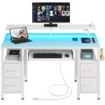 Seventable White Computer Desk with Drawers, Gaming Desk with Keyboard Tray, Office Desk with LED Lights & Power Outlets, 47 inch Writing Desk with Monitor Stand for Small Space