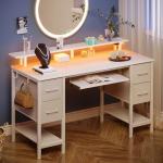 Seventable White Computer Desk with Drawers, Gaming Desk with Keyboard Tray, Office Desk with LED Lights & Power Outlets, 47 inch Writing Desk with Monitor Stand for Small Space