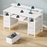 Seventable White Computer Desk with Drawers, Gaming Desk with Keyboard Tray, Office Desk with LED Lights & Power Outlets, 47 inch Writing Desk with Monitor Stand for Small Space
