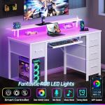 Seventable White Computer Desk with Drawers, Gaming Desk with Keyboard Tray, Office Desk with LED Lights & Power Outlets, 47 inch Writing Desk with Monitor Stand for Small Space