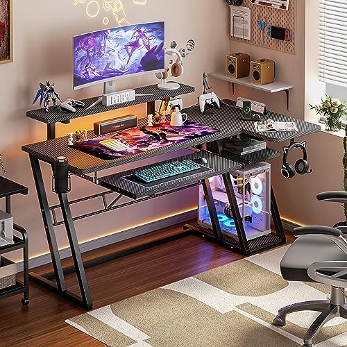 L-Shaped Gaming Desk with Shelves and LED Lights