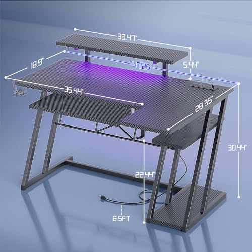 L-Shaped Gaming Desk with Shelves and LED Lights