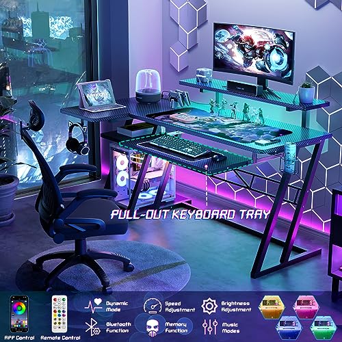 L-Shaped Gaming Desk with Shelves and LED Lights