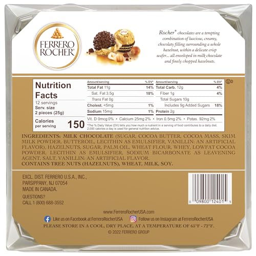 Ferrero Rocher Hazelnut Chocolates, 24 Count Box