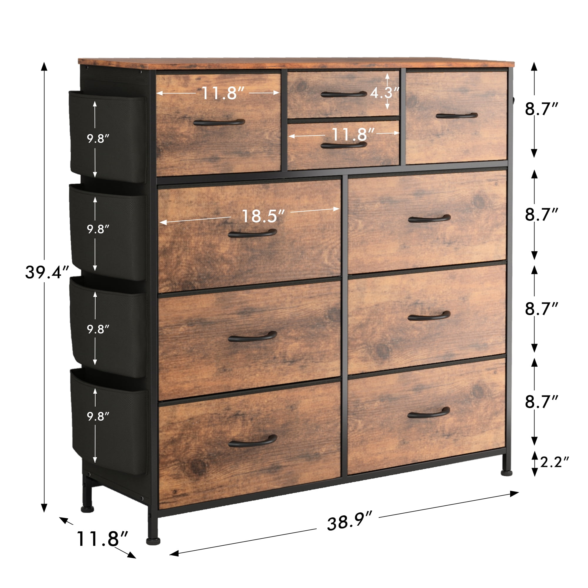 10 Drawer Bedroom Dresser with Side Pockets