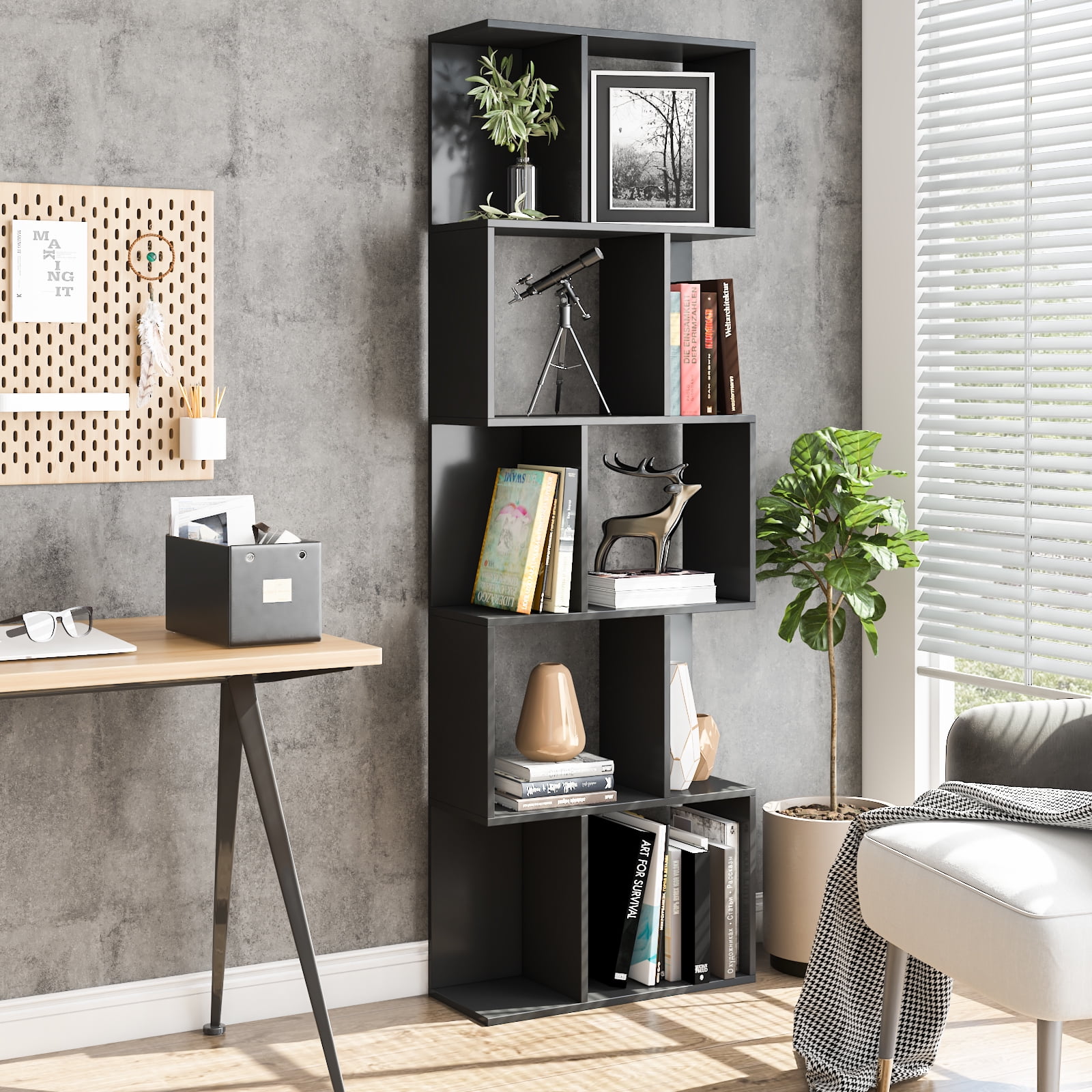 Geometric Vintage Wooden Bookshelf - 5 tiers