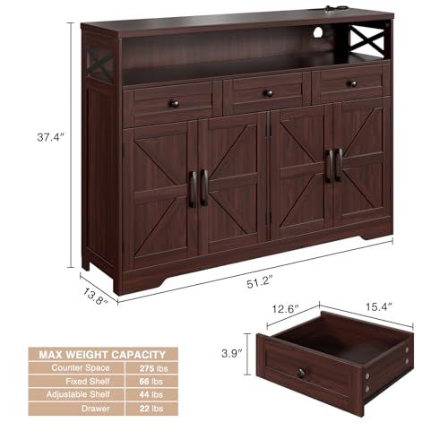51" Dark Brown Farmhouse Buffet Sideboard Cabinet