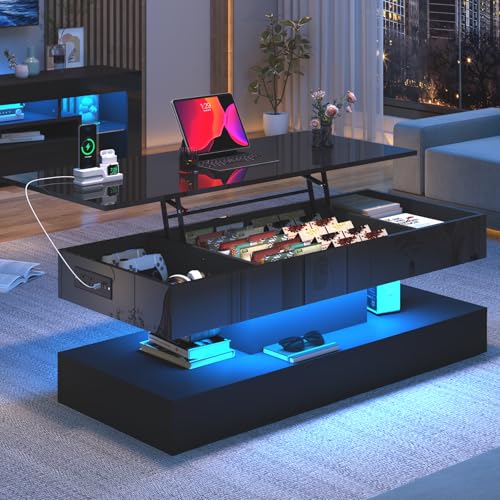 Modern Lift Top Coffee Table with LED Storage