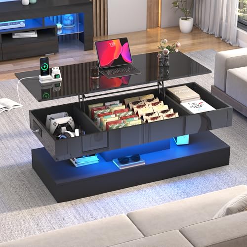 Modern Lift Top Coffee Table with LED Storage
