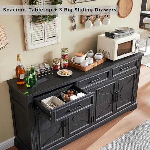Large 66" Black Buffet Sideboard Cabinet