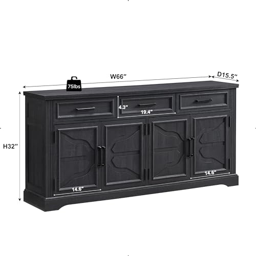 Large 66" Black Buffet Sideboard Cabinet