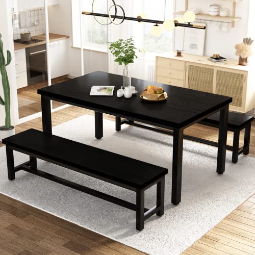 Modern Dining Set with 2 Benches, Black