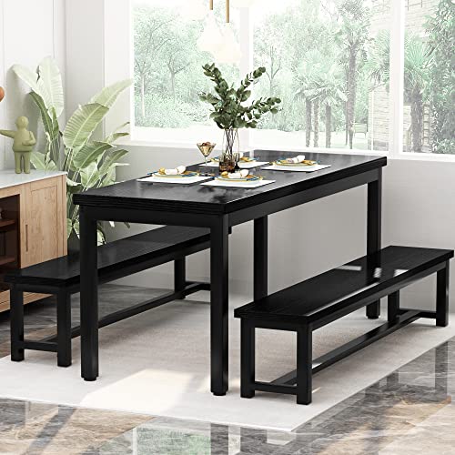 Modern Dining Set with 2 Benches, Black