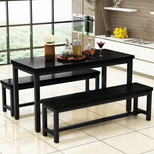Modern Dining Set with 2 Benches, Black