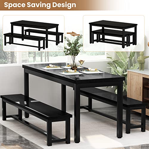 Modern Dining Set with 2 Benches, Black