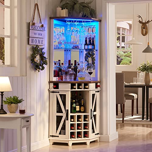 Farmhouse Corner Bar Cabinet with LED Light