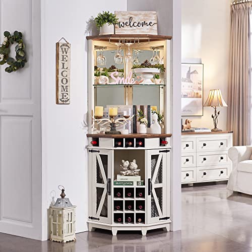 Farmhouse Corner Bar Cabinet with LED Light
