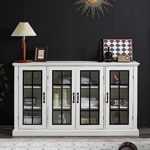 63" Distressed White Sideboard with Adjustable Shelves