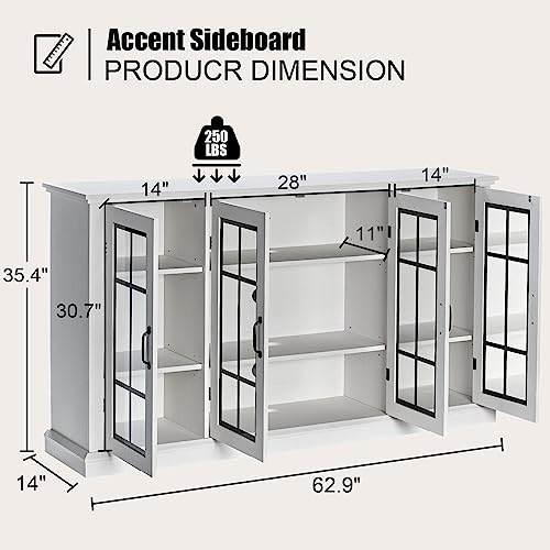 63" Distressed White Sideboard with Adjustable Shelves