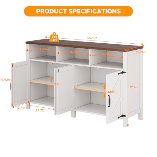 Farmhouse Buffet Sideboard with 4 Doors and Shelves