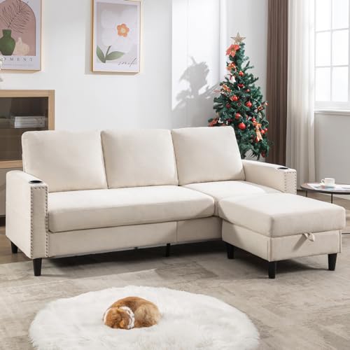 Beige Convertible L-Shaped Sectional Sofa with Storage