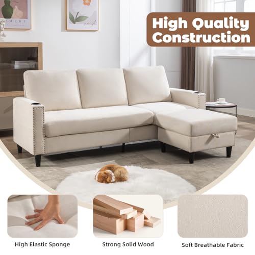 Beige Convertible L-Shaped Sectional Sofa with Storage