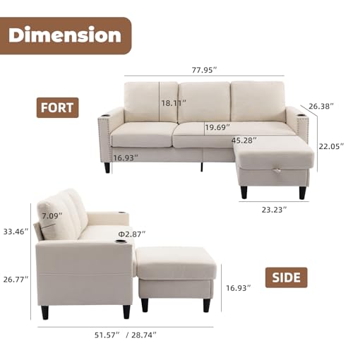Beige Convertible L-Shaped Sectional Sofa with Storage