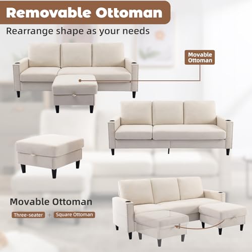 Beige Convertible L-Shaped Sectional Sofa with Storage