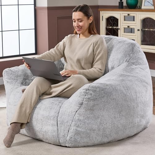 Giant Light Grey Bean Bag Chair with Armrests