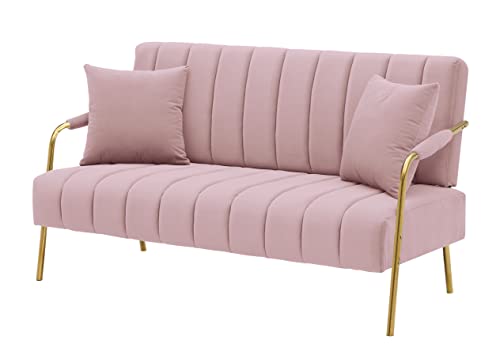 Mid-Century Pink Velvet Loveseat with Pillows