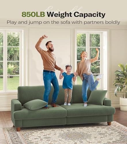 Modern 87in Green Corduroy Sofa with Pillows